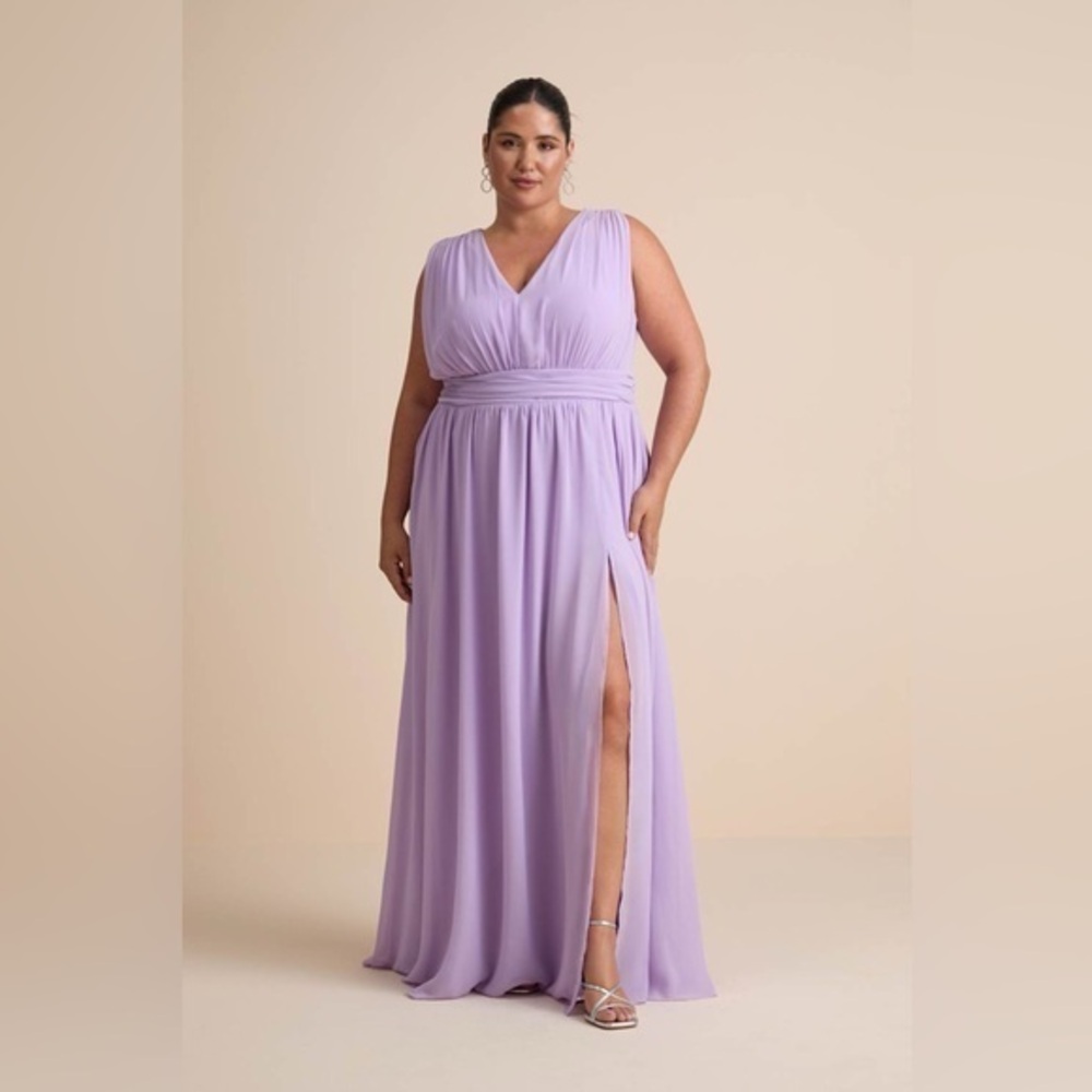 NEW Lulus Heavenly Hues Lavender Chiffon Plunge Maxi Dress Sleeveless Slit LARGE - Picture 5 of 13